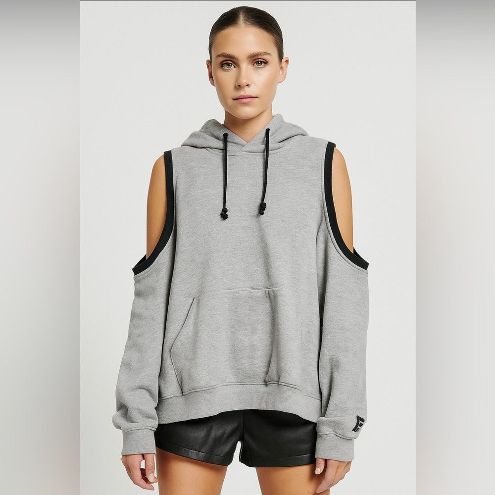 LF Los Angeles women Grey Hoodie Cotton Cold Shoulder Cutouts Sz Small-Large EC